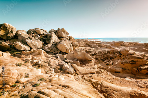 Scenic California Highway 1 coastal rock formations. Pacific ocean in the background. Location: Sonoma coastline north of San Francisco. Copy space