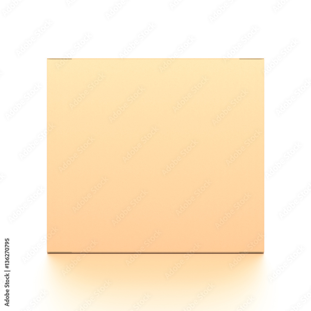 Brown corrugated cardboard box from front angle. Blank, horizontal, and rectangle shape.