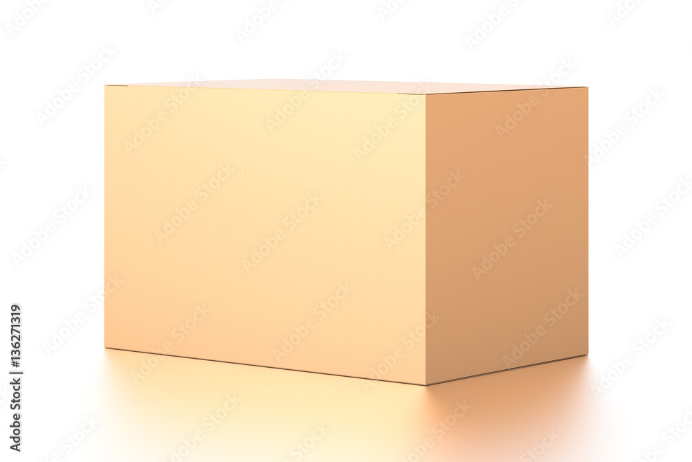 Brown corrugated cardboard box from side angle. Blank, horizontal, and rectangle shape.