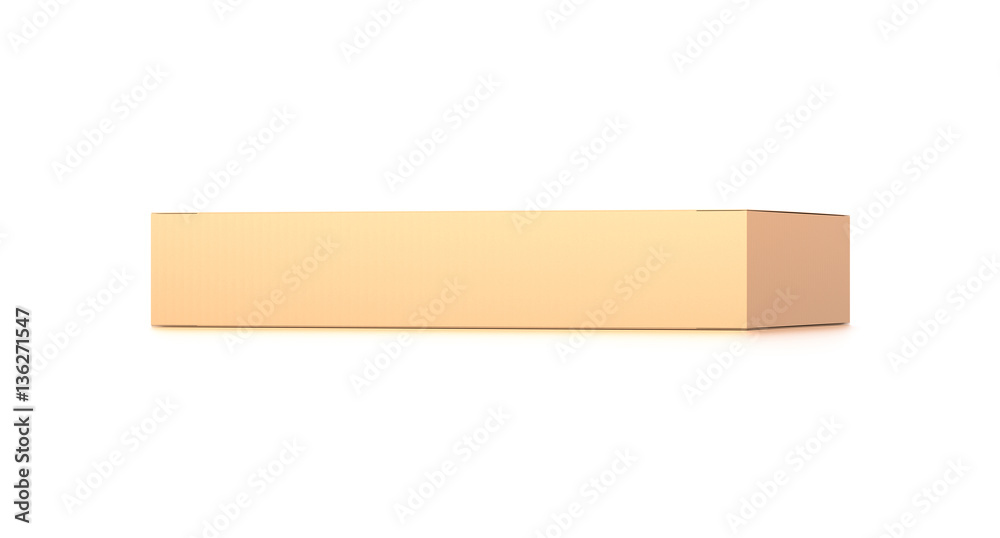 Brown corrugated cardboard box from front far side angle. Blank, horizontal, and rectangle shape.
