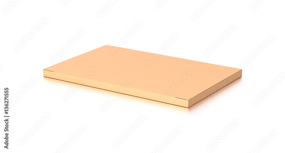 Brown corrugated cardboard box from top side angle. Blank, horizontal, thin, and rectangle shape. Brown corrugated cardboard box from top side angle. Blank, horizontal, thin, and rectangle shape.