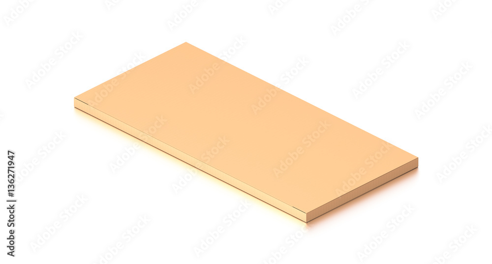 Brown corrugated cardboard box from isometric angle. Blank, horizontal, thin, and rectangle shape.