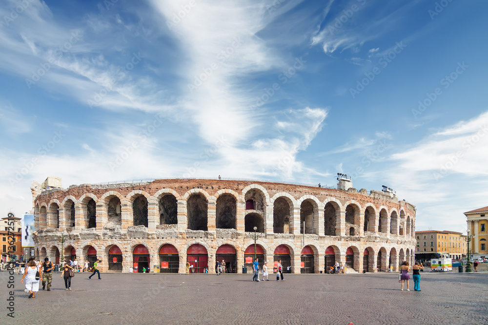 Sunny view of Teatro Romano, ancient amphitheatre at historical center of Verona, Veneto region, Italy.