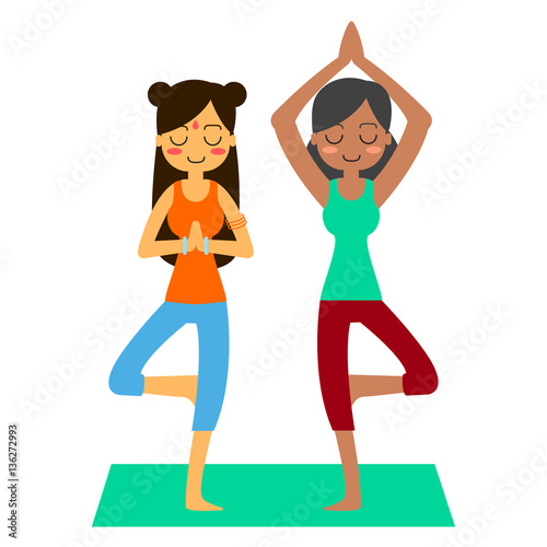 Vector illustration. Woman practicing yoga. In asana Vrikshasana.