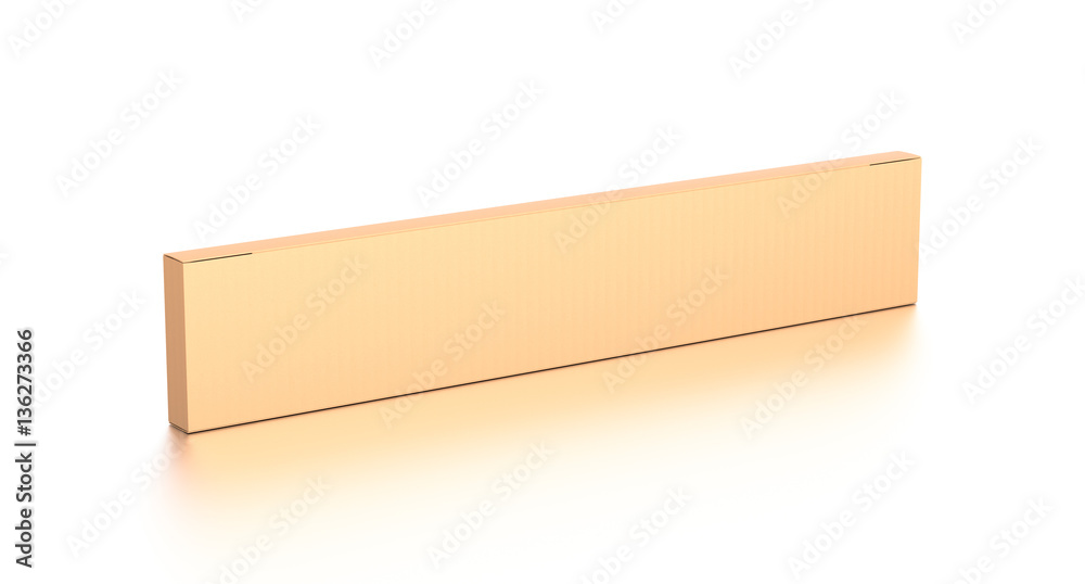 Brown corrugated cardboard box from top side angle. Blank, horizontal, thin, long and rectangle shape.