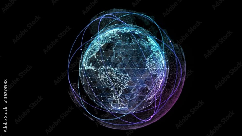 Digital technology connection of the globe with orbiting satellites. Rotation of 360 degrees