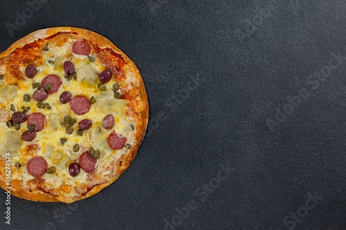 Delicious Italian pizza served on grey background