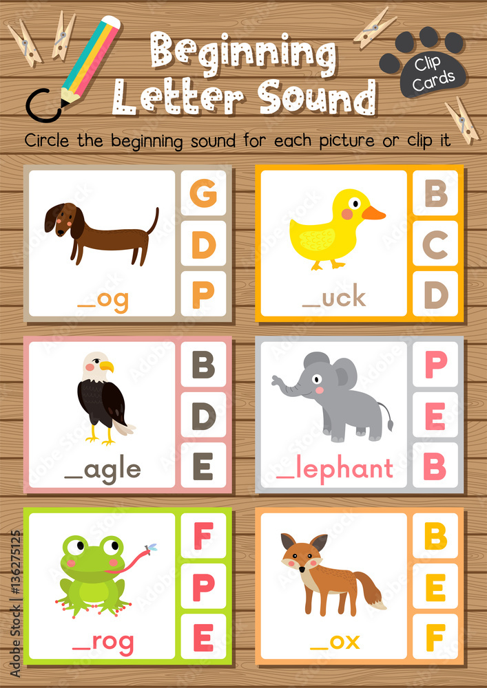 Clip Cards Matching Game Of Beginning Letter Sound D, E, F For Preschool  Kids Activity Worksheet In Animals Theme Colorful Printable Version Layout  In A4. Stock Vector | Adobe Stock