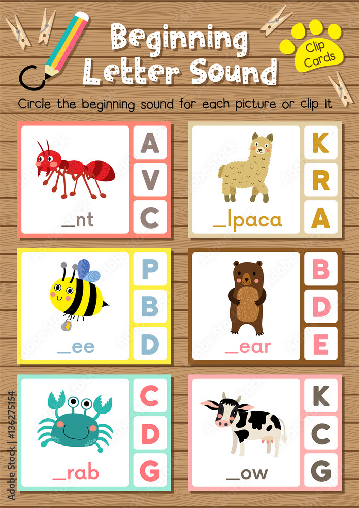 Clip cards matching game of beginning letter sound A, B, C for preschool  kids activity worksheet in animals theme colorful printable version layout  in A4. Stock Vector | Adobe Stock