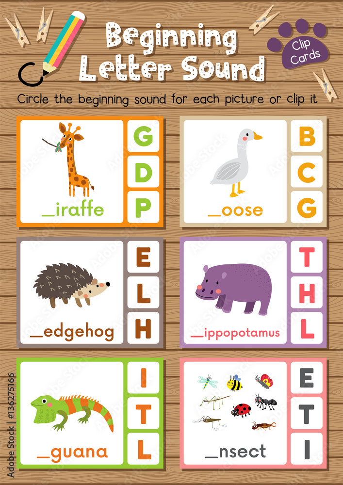 clip cards matching game of beginning letter sound g h i for preschool kids activity worksheet in animals theme colorful printable version layout in a4 stock vector adobe stock