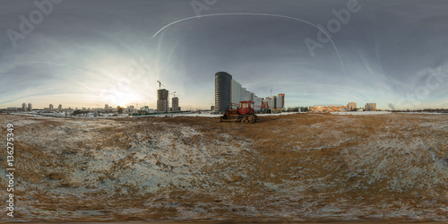 Full 360 degree equirectangula panorama on the frozen river in the city