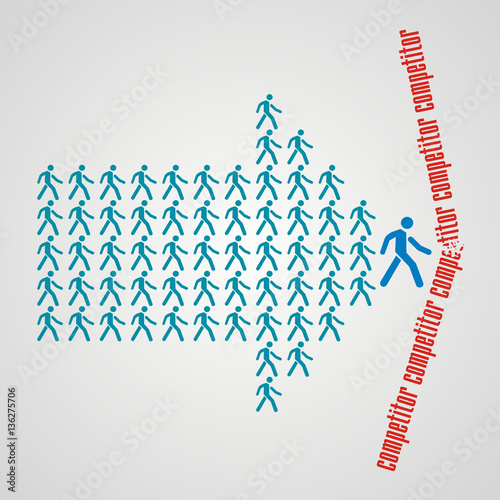 The crowd of workers follows the team leader and divide the comp