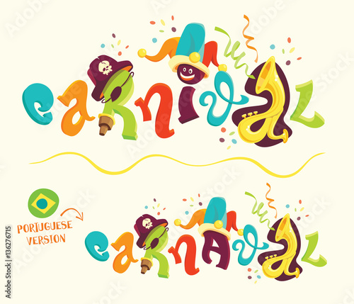 Funny cartoon style vector lettering for carnival themes - with portuguese version