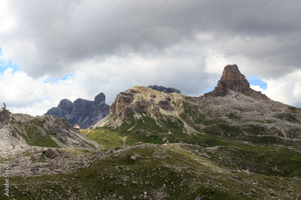 Alpine hut Dreizinnenhütte and mountain Toblinger Knoten in Sexten Dolomites, South Tyrol, Italy