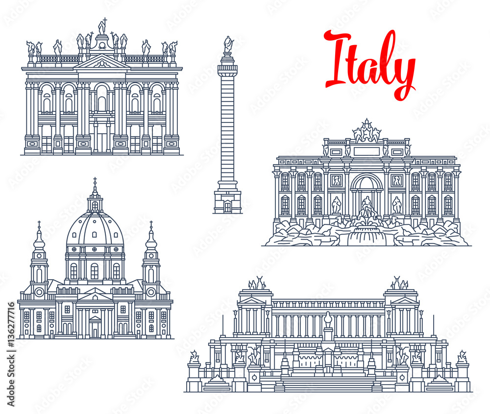 Famous buildings Italy architecture vector icons
