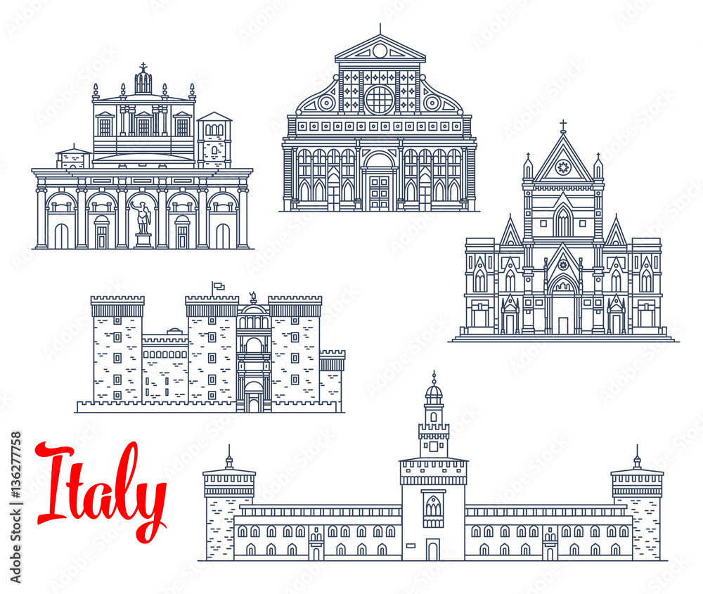 Italy historic buildings architecture vector icons
