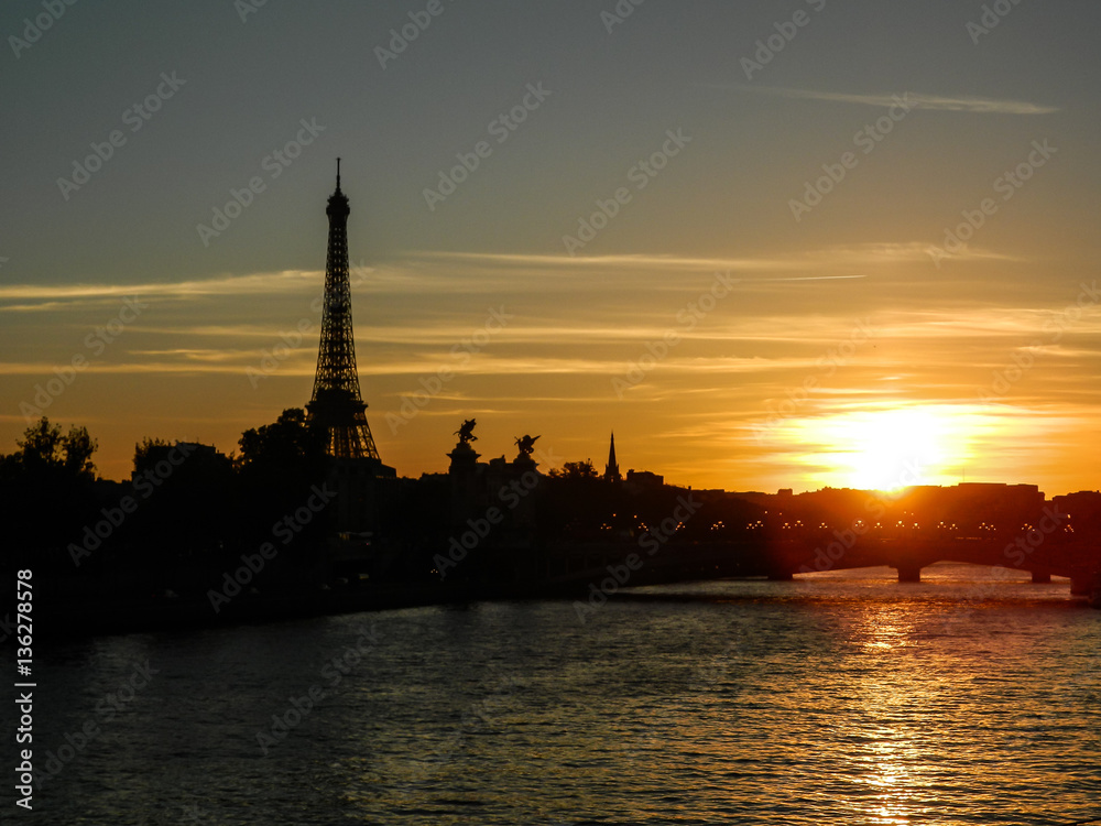 Beautiful sunset panorama of Paris with Eifell tower