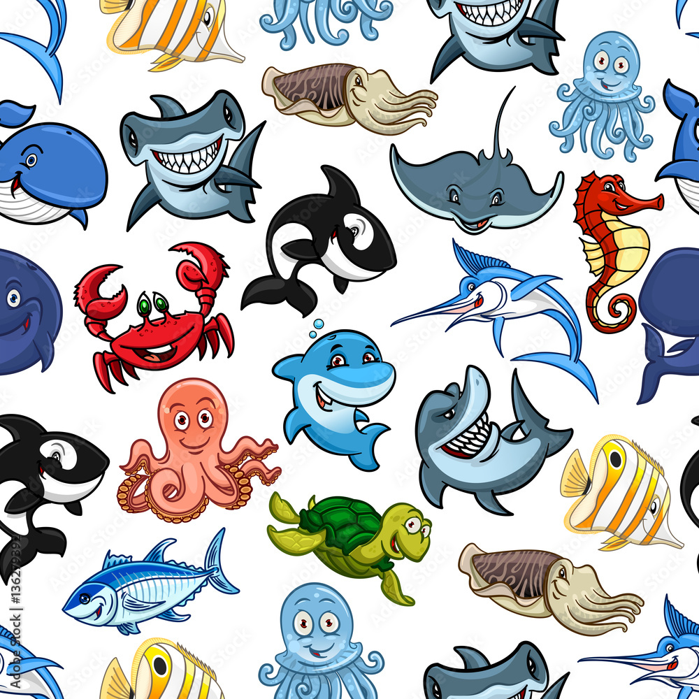 Obraz premium Sea fishes, ocean animals vector cartoon pattern