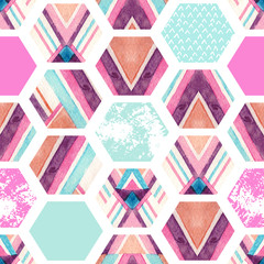 Handdoek met foto Marmeren hexagons patronen Aquarel zeshoeken met geometrische ornamenten  © Tanya Syrytsyna