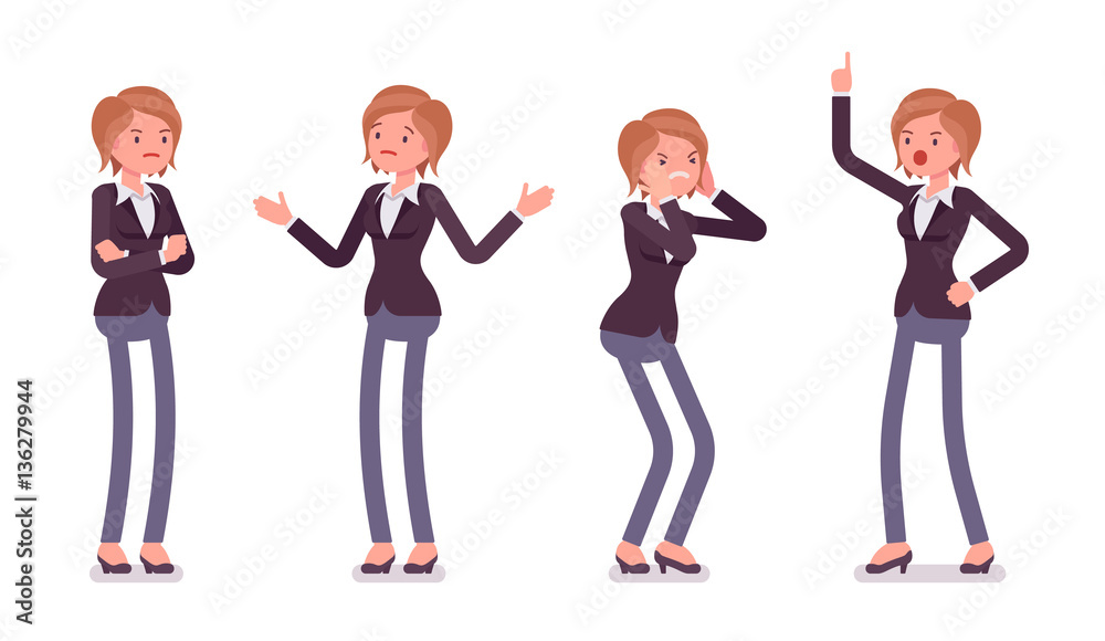 Obraz premium Set of young female manager showing negative emotions, different poses