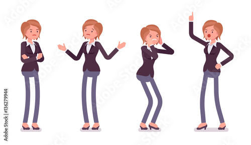 Set of young female manager showing negative emotions, different poses