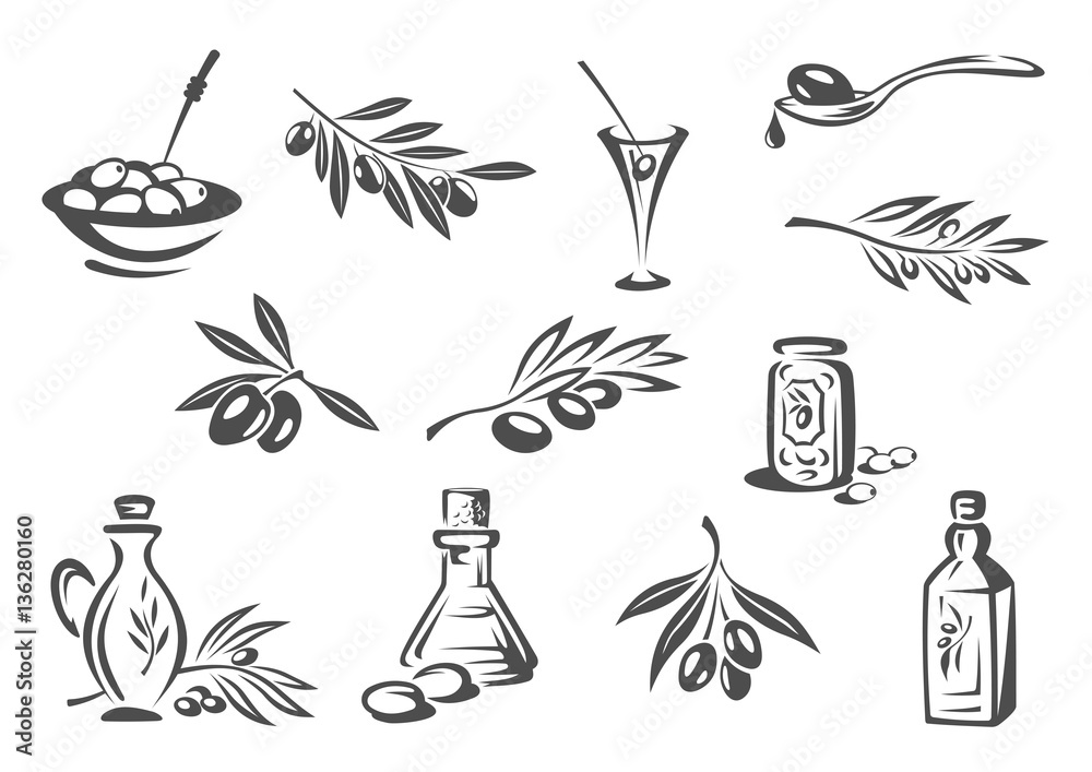 Obraz premium Olive products oil, pickles vector isolated icons