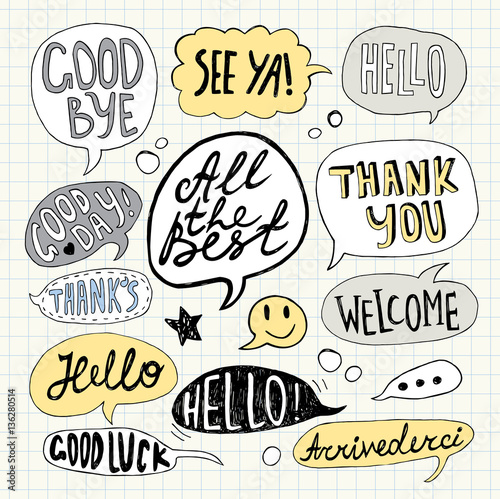 Hand drawn set of speech bubbles with handwritten short phrases