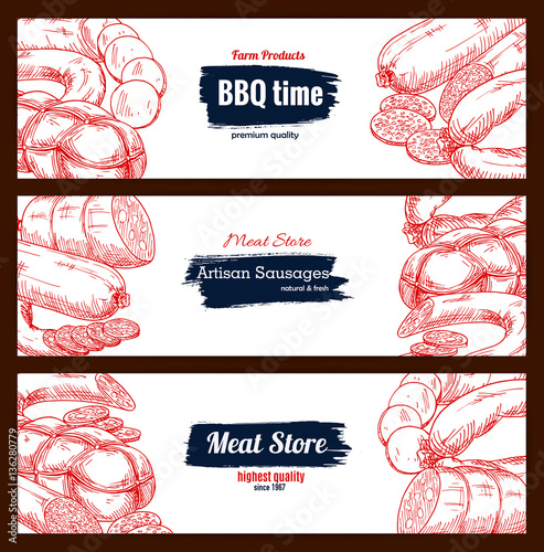 Barbecue meat sausages vector sketch banners set
