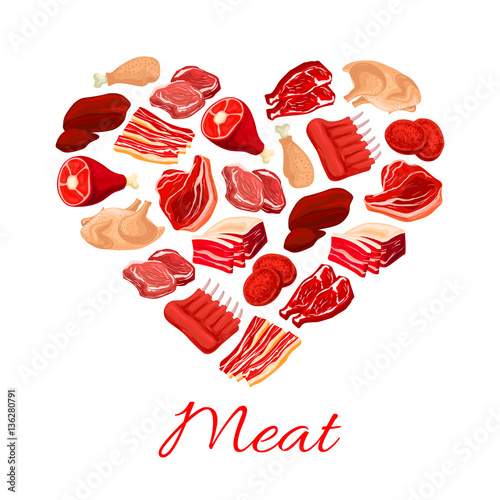 Meat and butchery products heart vector poster