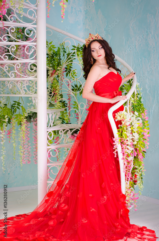 Beautiful Woman Red Long Dress Gold Stock Photo 591402425  Shutterstock