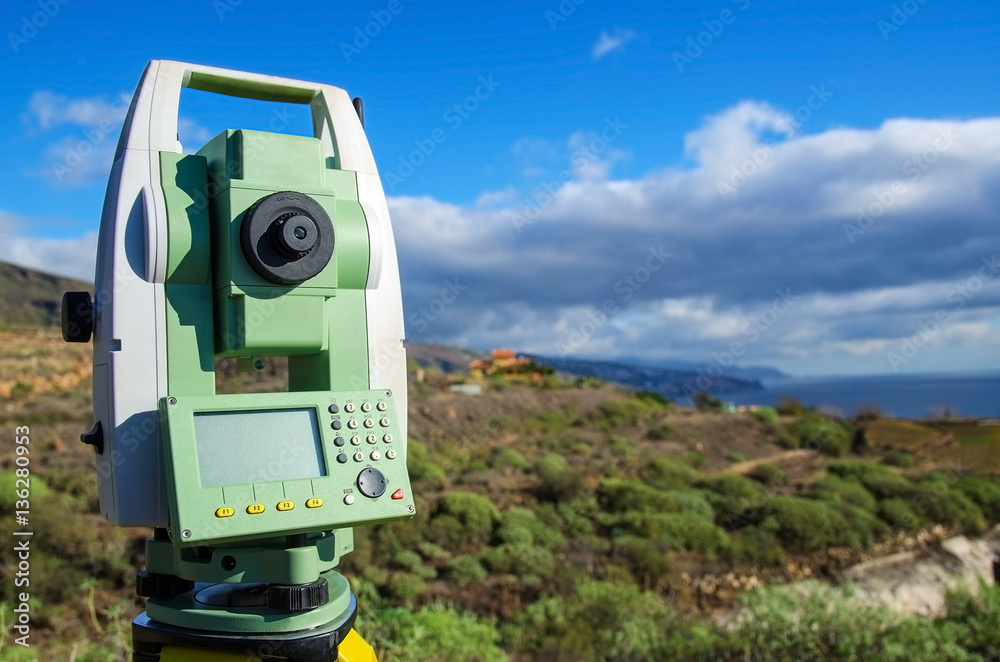 Modern surveyor equipment, theodolite or tacheometer used in