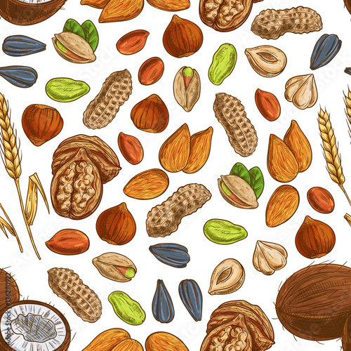 Nut, bean, seed and wheat seamless pattern