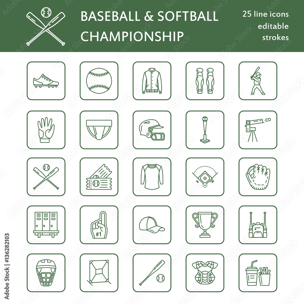 Baseball, softball sport game vector line icons. Ball, bat, field, helmet, pitching machine, catcher mask. Linear signs set, championship pictograms with editable stroke for event, equipment store. Baseball, softball sport game vector line icons. Ball, bat, field, helmet, pitching machine, catcher mask. Linear signs set, championship pictograms with editable stroke for event, equipment store.