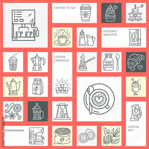 Coffee making equipment vector line icons. Tools - moka pot, french press, coffee grinder, espresso, vending, plant. Linear restaurant, shop pictogram with editable stroke for menu.