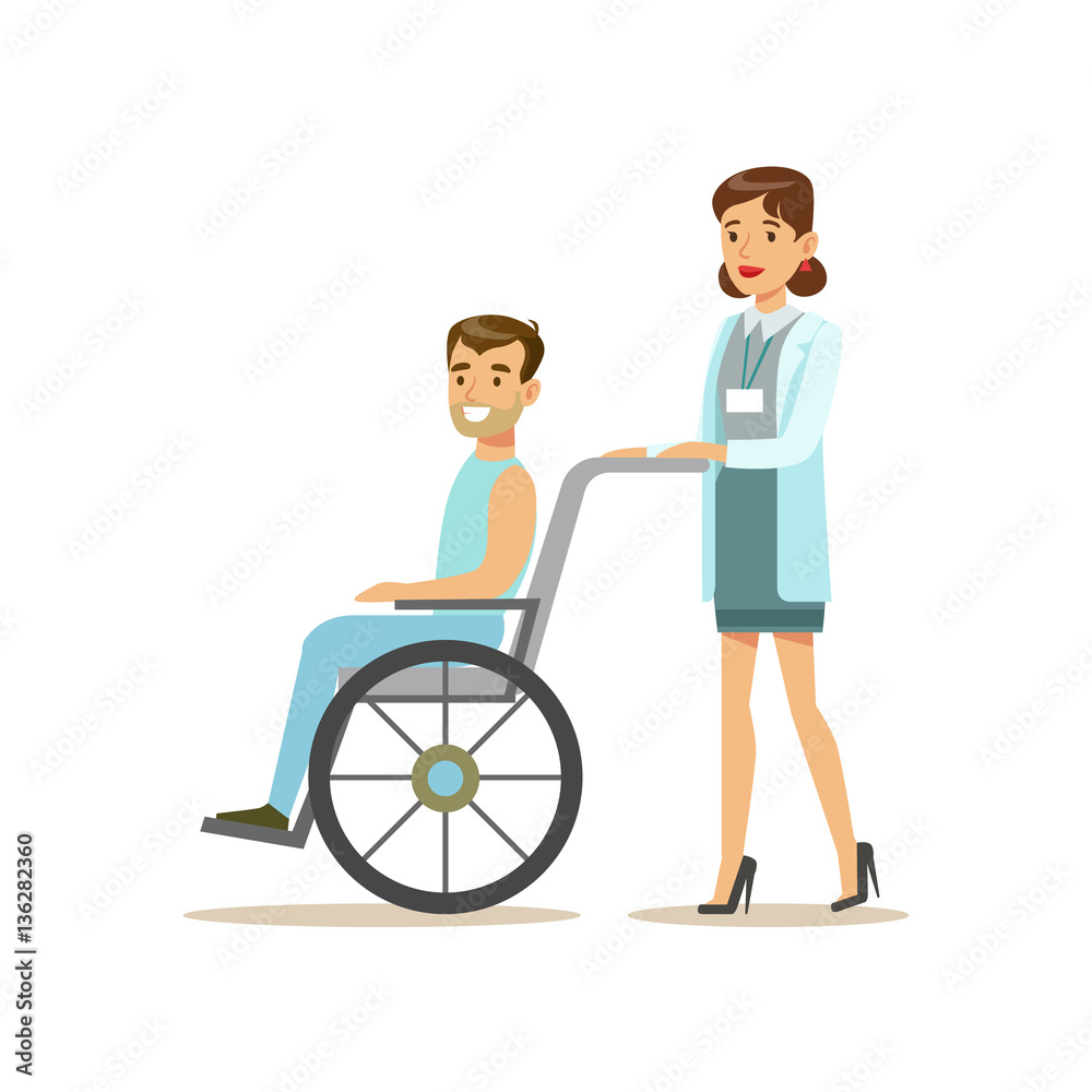 Nurse Rolling A Patient In Wheelchair, Hospital And Healthcare Illustration Nurse Rolling A Patient In Wheelchair, Hospital And Healthcare Illustration