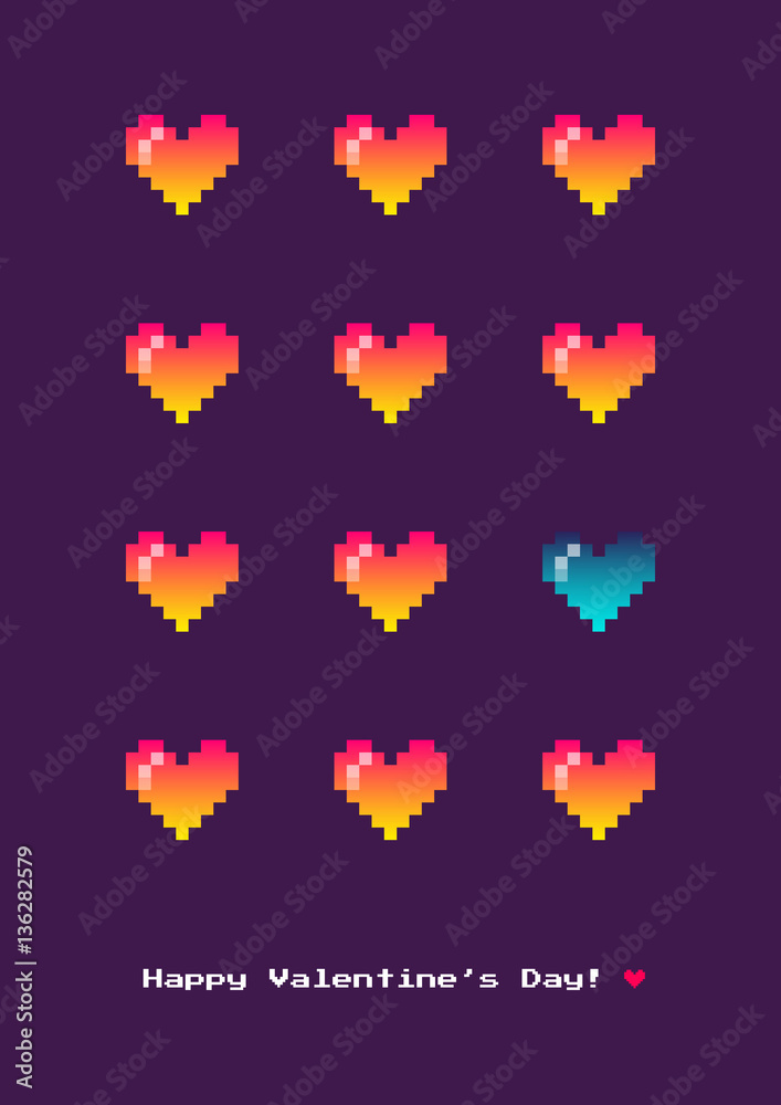 Minimalistic 8 bit game style Saint Valentine's Day vector poster background with pixel hearts