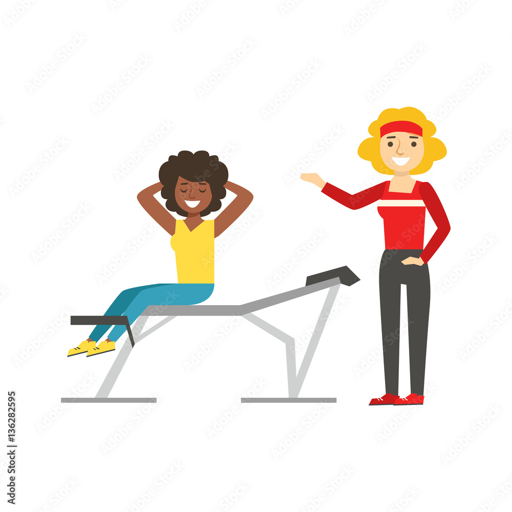 Woman Exercising Abs With Help Of Personal Trainer, Member Of The Fitness Club Working Out And Exercising In Trendy Sportswear