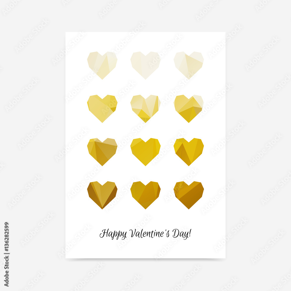 Minimalistic simple Valentines Day vector poster background with shiny golden yellow polygon hearts