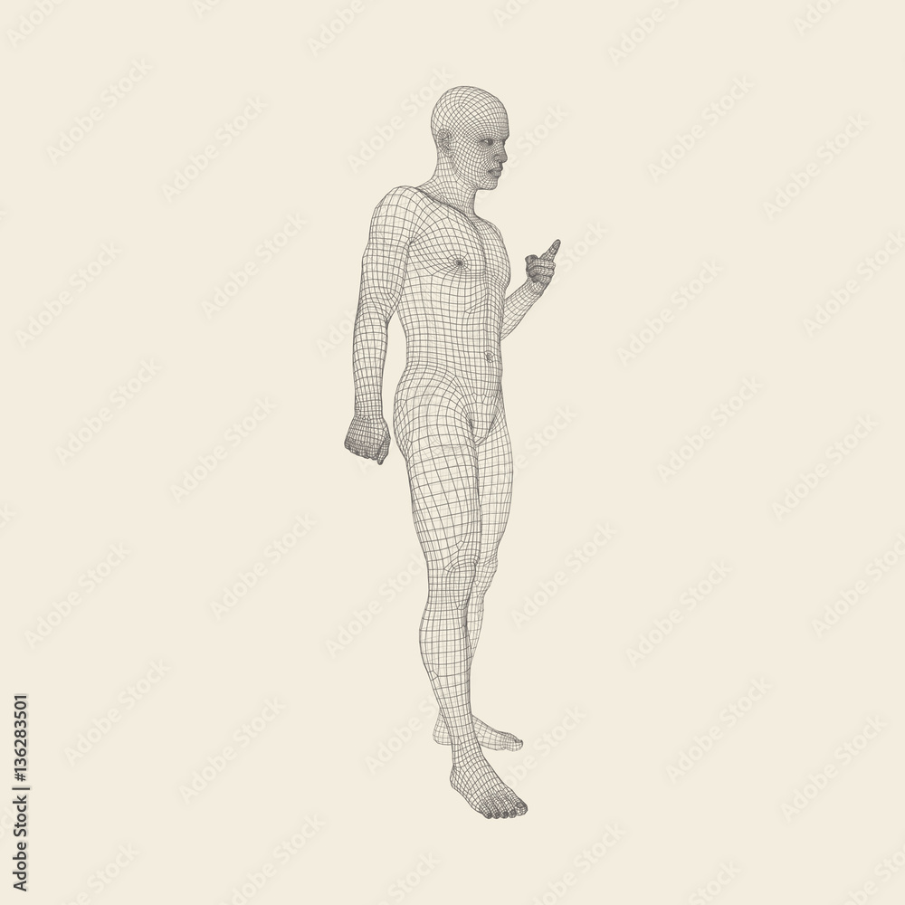 Man Pointing his Finger. 3D Model of Man. Geometric Design.