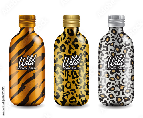 Set of realistic bottles with animal pattern : Vector Illustration