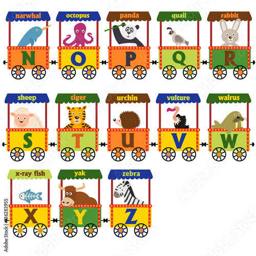 train alphabet with animals N to Z  - vector illustration, eps