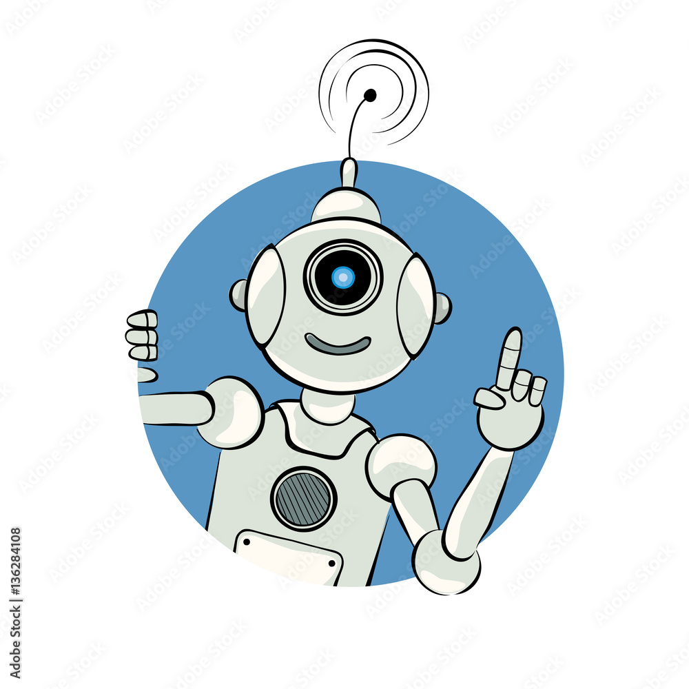 Obraz premium Robot, warning gesture / The friendly robot with sign to alert, vector illustration