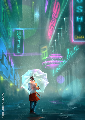 Young woman standing in a street with big neon signs of a futuristic Cyberpunk City photo