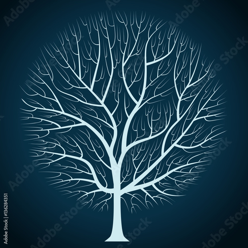 graphic design, bright, tree silhouette on a dark blue background