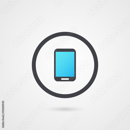 Smart phone grey and blue symbol. Isolated mobile gadget in circle logo. Vector icon illustration