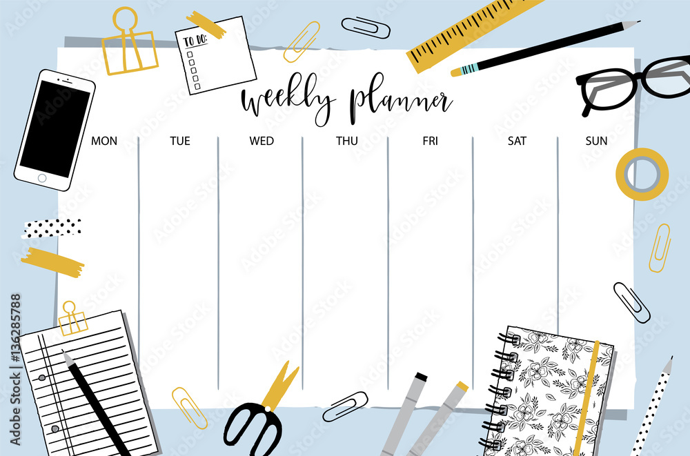 Weekly planner template. Organizer and schedule with place for Notes ...