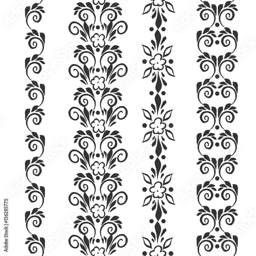 set of hand drawn seamless floral borders for design, print, embroidery.