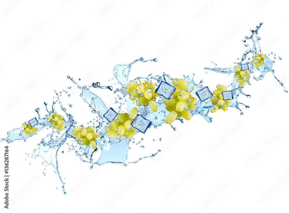 Fototapeta premium Splash with grape isolated on white background. Abstract water with fresh fruits. 