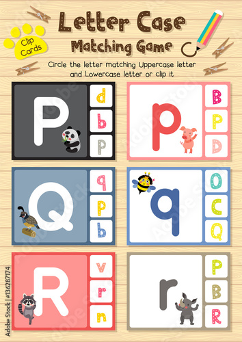 Clip cards matching game of letter case P, Q, R for preschool kids activity worksheet in animals theme colorful printable version layout in A4.