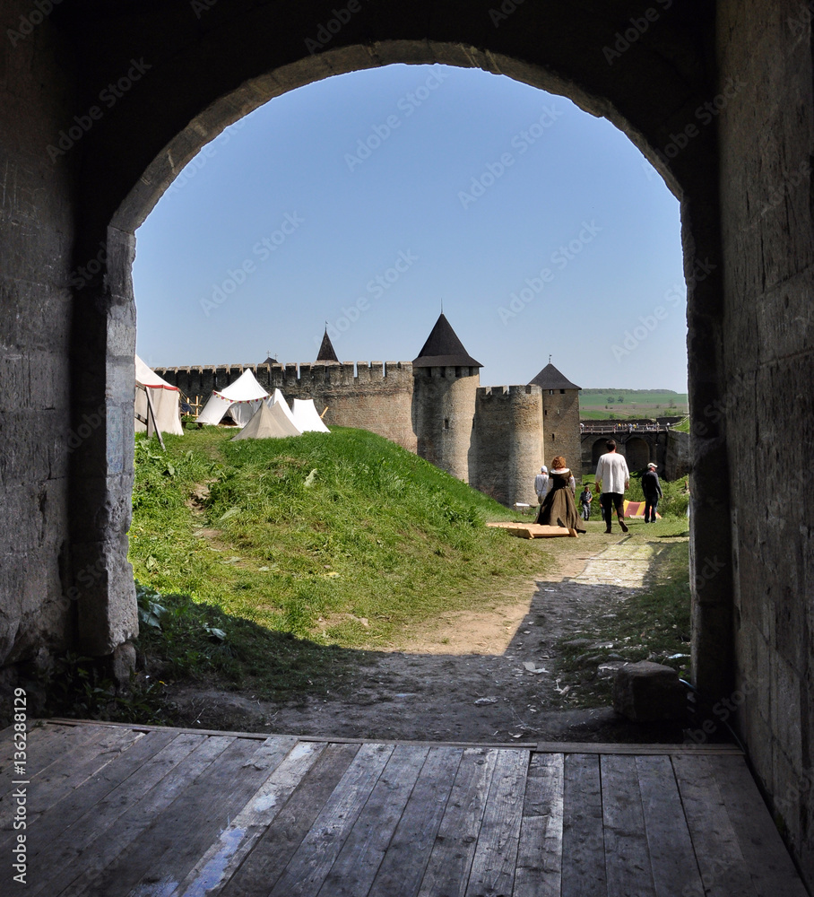 Walls and towers of the old fortress in Khotyn in Ukraine